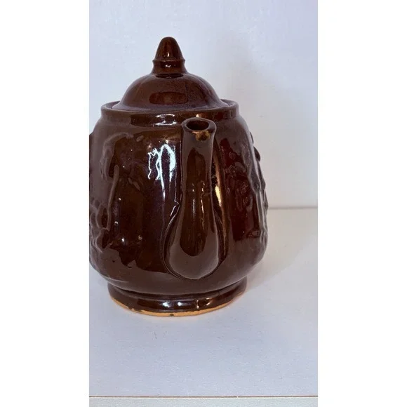 Rockingham Teapot-Rebecca at the Well Relief Raised Clay Brown Glaze Antique 7" - Picture 13 of 16